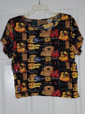 Vintage Country Music Marathon Novelty Top, Guitar Pattern Beads, Sequins XL